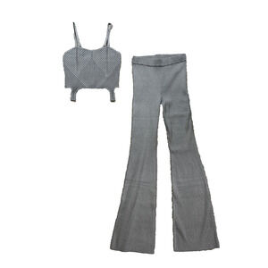 Alo Yoga Top Pants Set Womens S/M Blue Grey Dream Knit Garter Tank Flared 2 PC